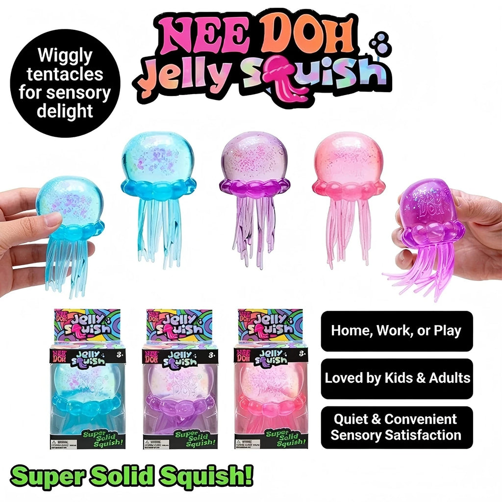 Schylling Nee Doh Jellyfish & Cube Squish Toy, Soft Jelly Squeeze Stress Relief Fidget Toy, Sensory NeeDoh for Kids & Adults