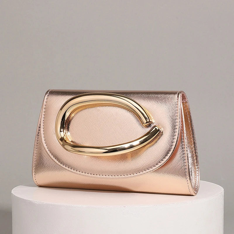 Women's Elegant Metallic Evening Clutch Bag, Luxury Party Purse, Crossbody Handbag With Chain Strap For Wedding Prom Banquet