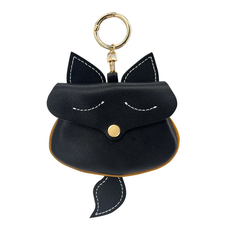 New Cow Leather Fox Keychain Bag Pendant Cute Car Key Ring Bag Parts Accessories For Women And Men Card Bag Holder