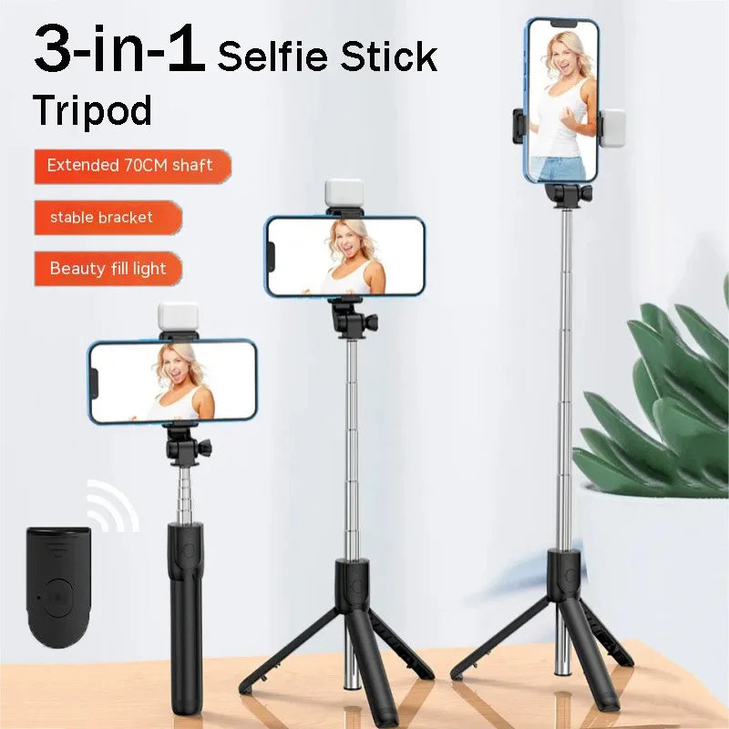 All In One Portable Tripod for iphone Selfie Stick With Fill Light Extendable Phone Stand for Live streaming BT Remote Control