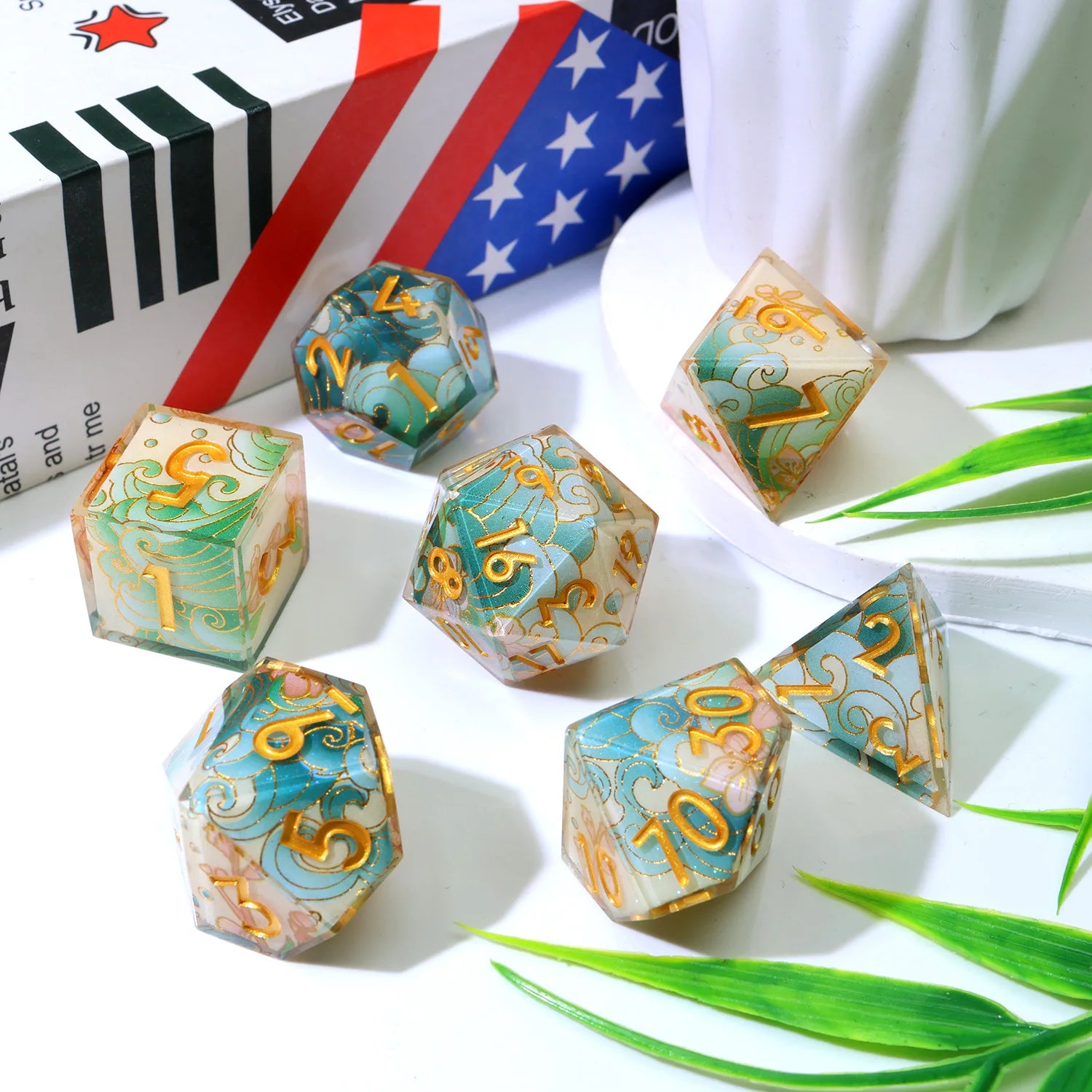 Enchanting DND Dice Set with Ocean Wave & Peach Blossom Designs-Perfect for Board Game,RPG & Tabletop Gaming Adventures-F2