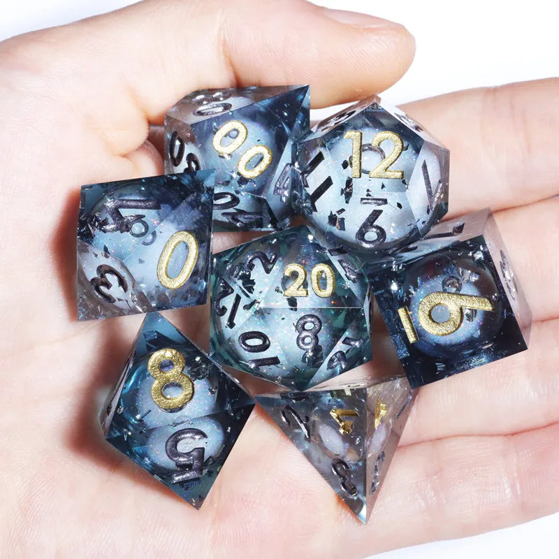 MINI PLANET Gold Sand Liquid Core Dice D&D Set Handmade Polyhedral Resin Dice With Sharp Edge For TRPG DND D6 D20 Dice Games