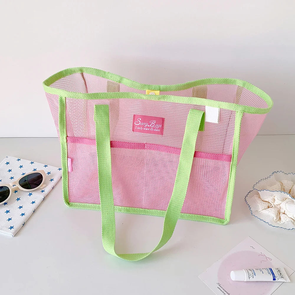 New Best-Selling Trendy Mesh Handbag Beach Bag Single Shoulder Bag Summer Large Capacity Portable Storage Travel Bag for Girls