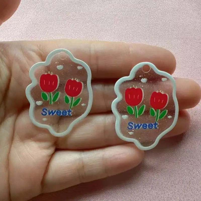 10pcs acrylic colored tulip relief printed pendant handmade DIY keychain earring pendant