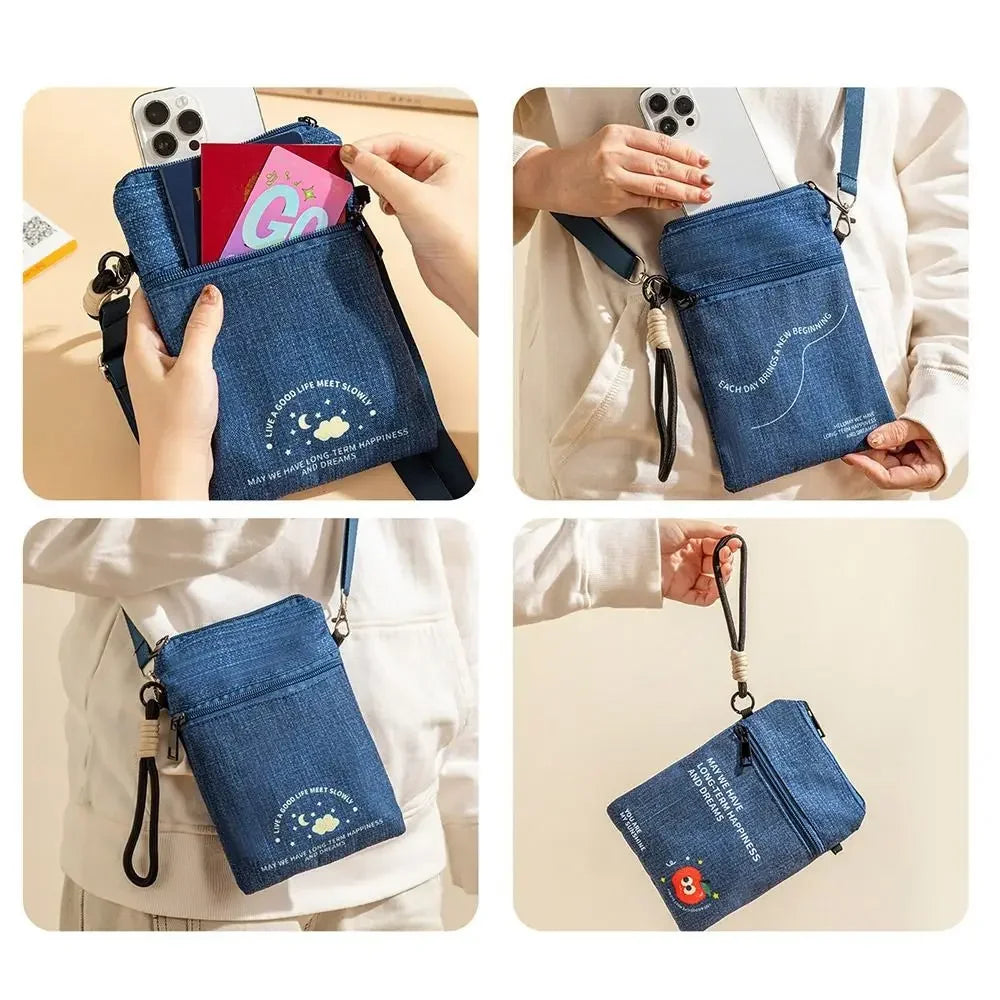 Portable Oxford Cloth Mobile Phone Bag Cartoon Multiple Compartments Shoulder Bag Adjustable Crossbody Bag Travel
