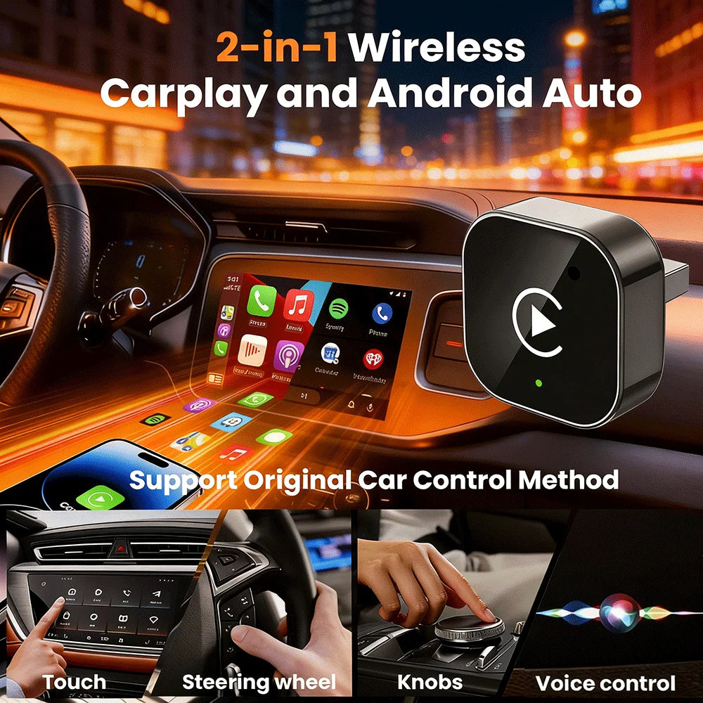 2026 Wireless CarPlay Adapter for iPhone ＆ Android Auto Mini Wired to Wireless Apple Car Play Adapter Plug & Play Compatible for