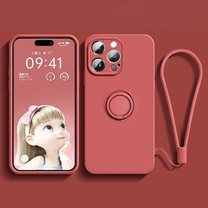 Liquid Silicone Case For iPhone 16 16e 15 13 Mini 14 12 11 Pro Max Plus Phone Holder Ring Stand Protect Cover With Wrist Strap