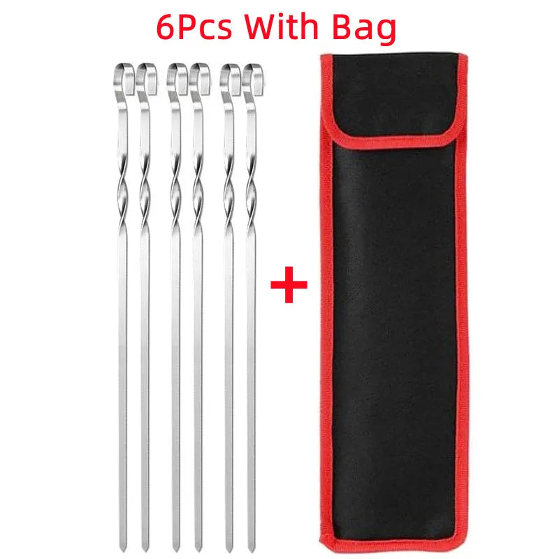 BBQ Sticks Stainless Steel Barbecue Skewer BBQ Tools Utensil Reusable Grill Sticks Outdoor Camping Picnic Flat BBQ Fork 6-12Pcs