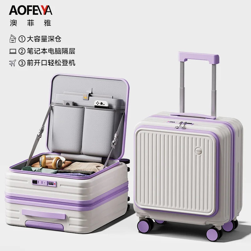 Front Opening Luggage 18 20 Inch Carry On Suitcase Lightweight Spinner Wheels Mini Travel Trolley Case with Laptop Compartment