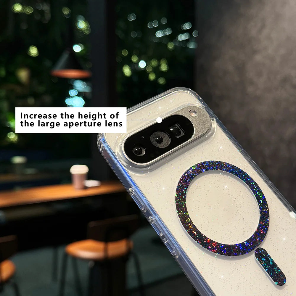 Bling Glitter Transparent Wireless Charge for Magsafe Phone Case For Google Pixel8 A Pro 9Pro XL Magnetic Clear Shockproof Cover