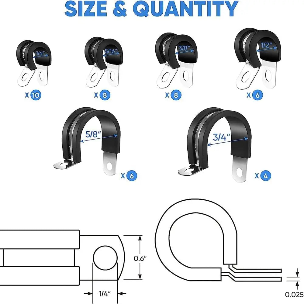 42PCS Cable Clamp Kit - Rubber Gasket 304 Stainless Steel Hose Clamp Ring Clamp, 6 Sizes (42PCS 1/4-5/16-3/8-1/2-5/8-3/4 Inch)