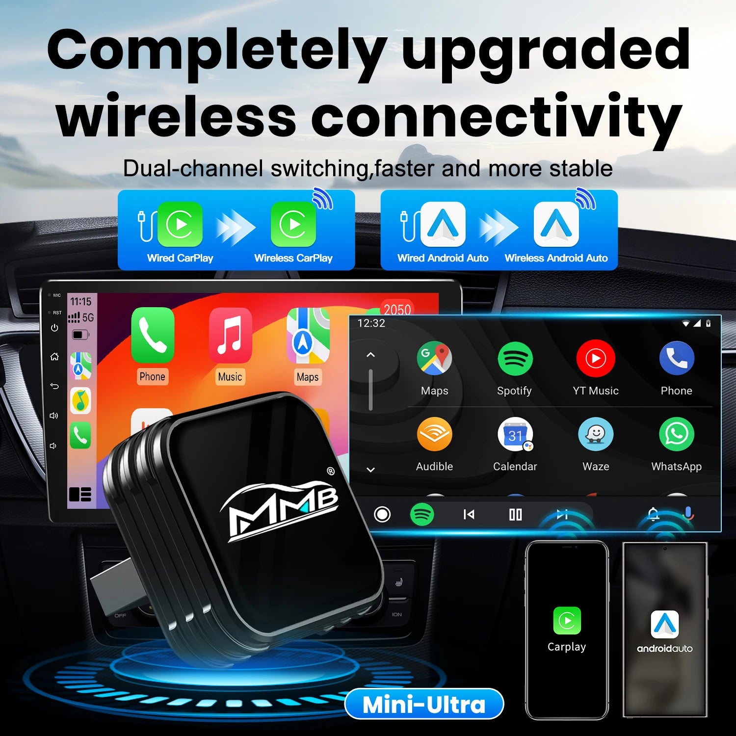 MMB Mini Ultra CarPlay Wireless Android Auto Adapter 2in1 USB Dongle for Totoya VW Chevrolet Hyundai Plug and Play Auto Connect