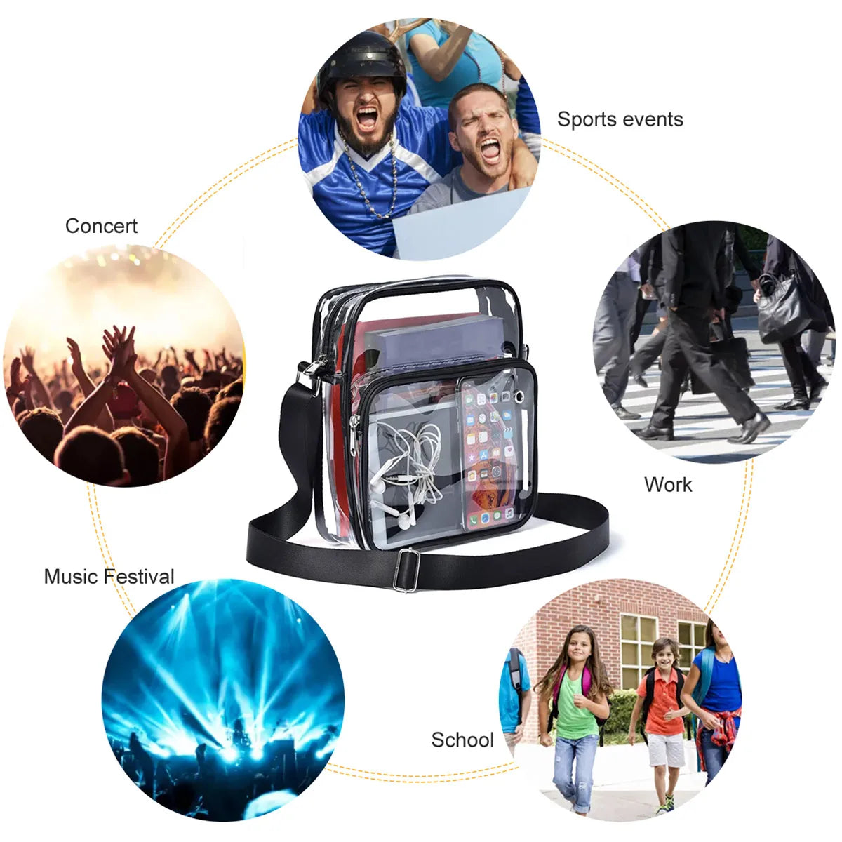 Clear Purse Stadium Transparent Messenger Bag Waterproof Stadium Approved for Men and Women Hand-free Clear CrossBody Bag