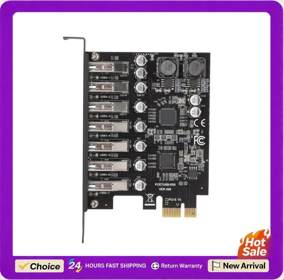 7 Port PCIE Expansion Card 7 Ports USB 3.2 GEN1 5Gbps High Speed Transmission Stable Power USB 3.2 GEN1 Front Expansion Card