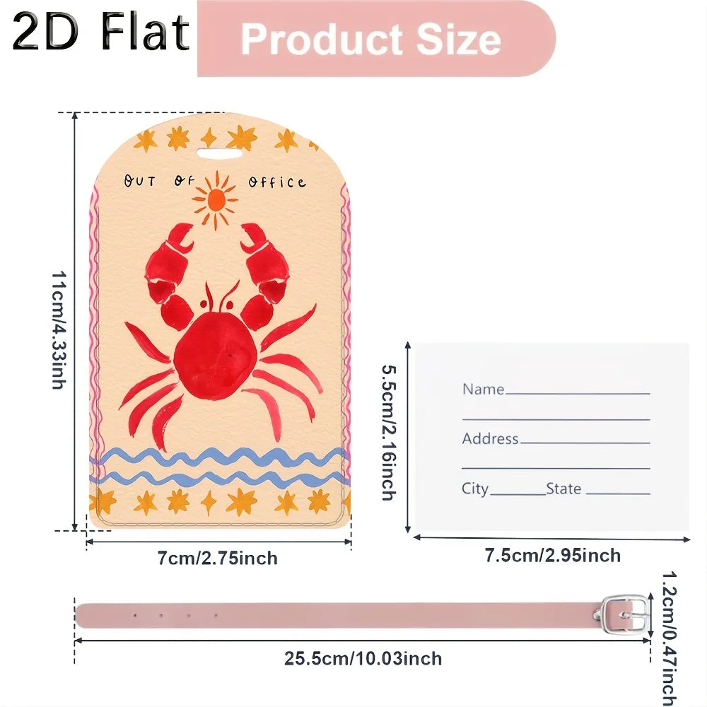 Crab Pattern Leather Luggage Tag Travel Luggage Identifier with Strap for Suitcase Baggage Bag Accessories Travel Essentials