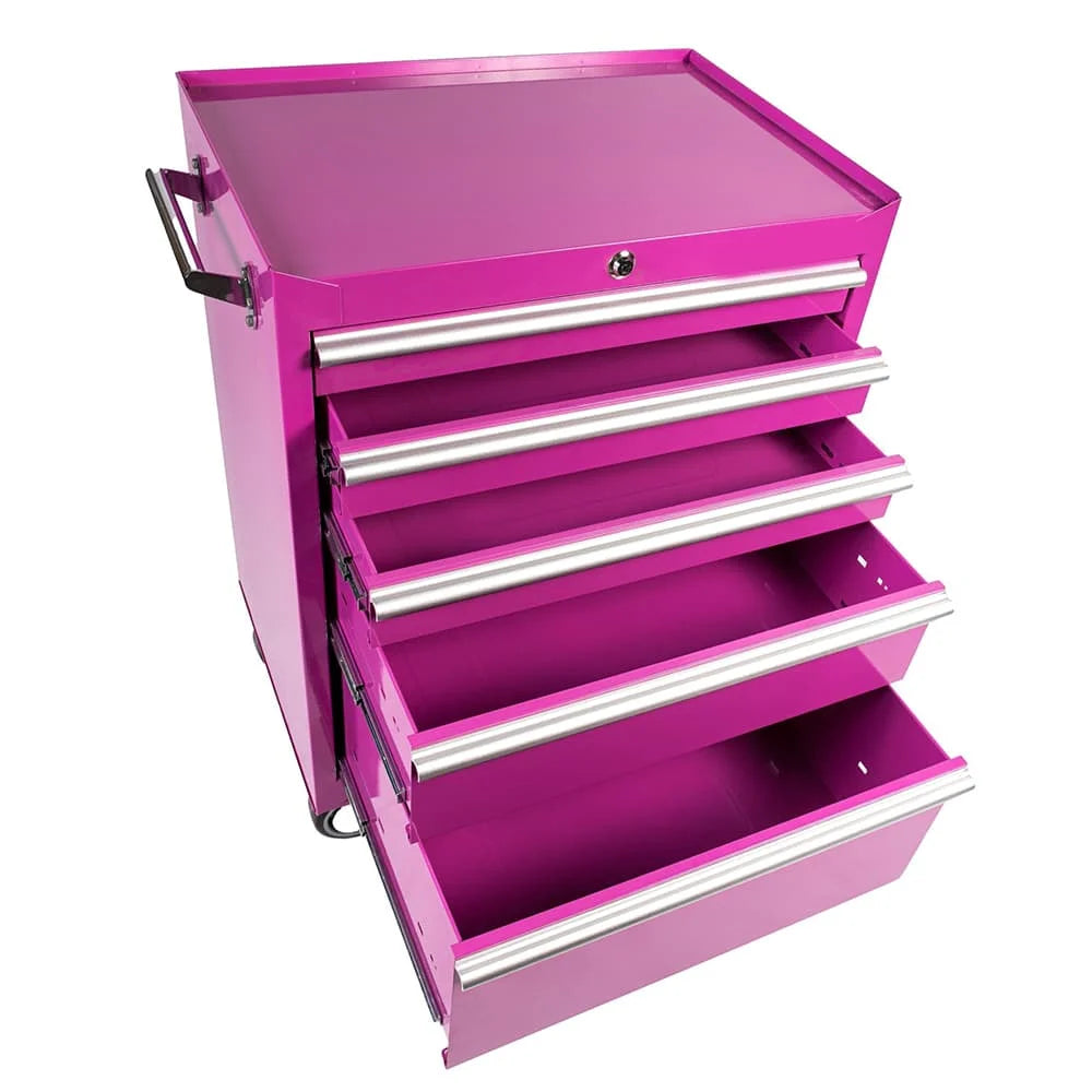 Pink Mobile 5-Drawer Mechanic Tool Cabinet Trolley with Wheels Pink Cabinet  for Tool Storage Rolling Pink Tool Chest