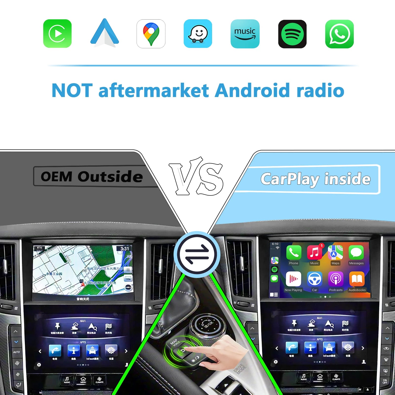 Wireless CarPlay Android Auto Interface for Infiniti Q50 2015-2019, Support OEM Steering Wheel, Bluetooth Audio, Mic and Camera