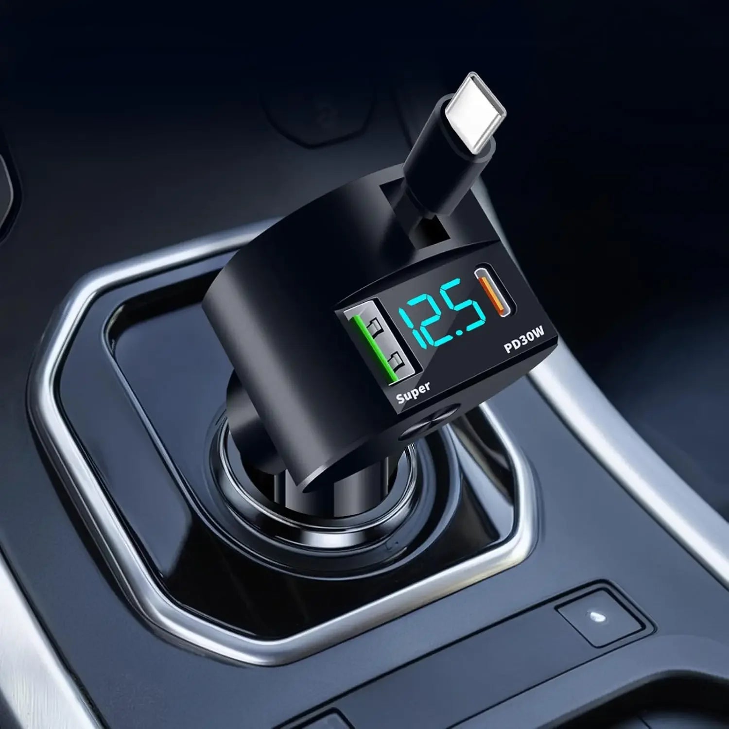 Upgraded Retractable Car Charger 3 in 1, 69W Fast Charging PD30W+2.4A Voltage Display Dual Cables for iPhone & Android
