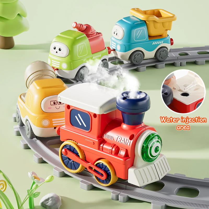 Steam Train Track Toys Electric Magnetic Blow Balls Cartoon Spray Car Models Sound Light Engineering Vehicles Children Toy Gifts