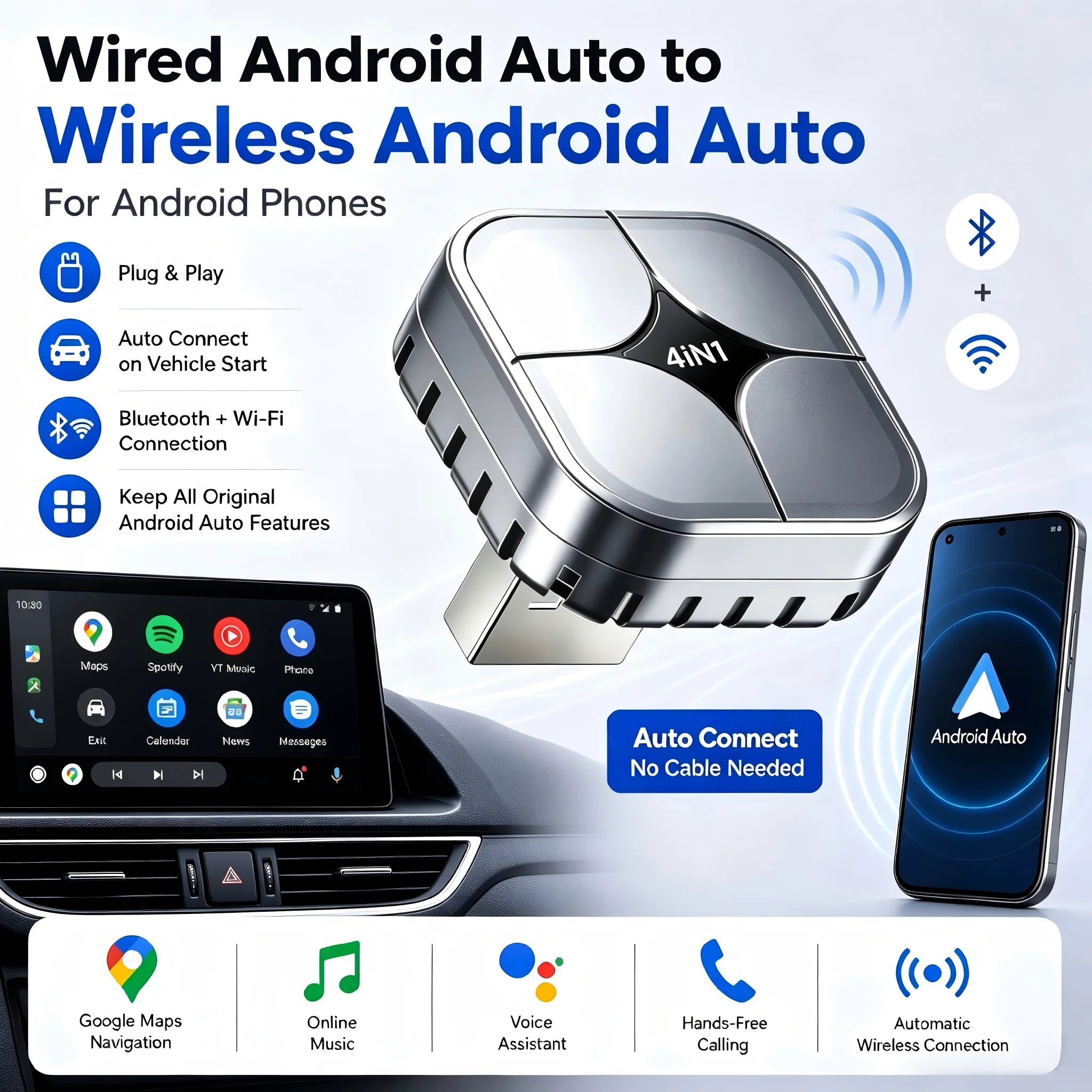 4 IN1 Car Wireless CarPlay Adapter Wired To Wireless Android Auto Dongle AirPlay Miracast Mirror Plug And Play Auto Connect
