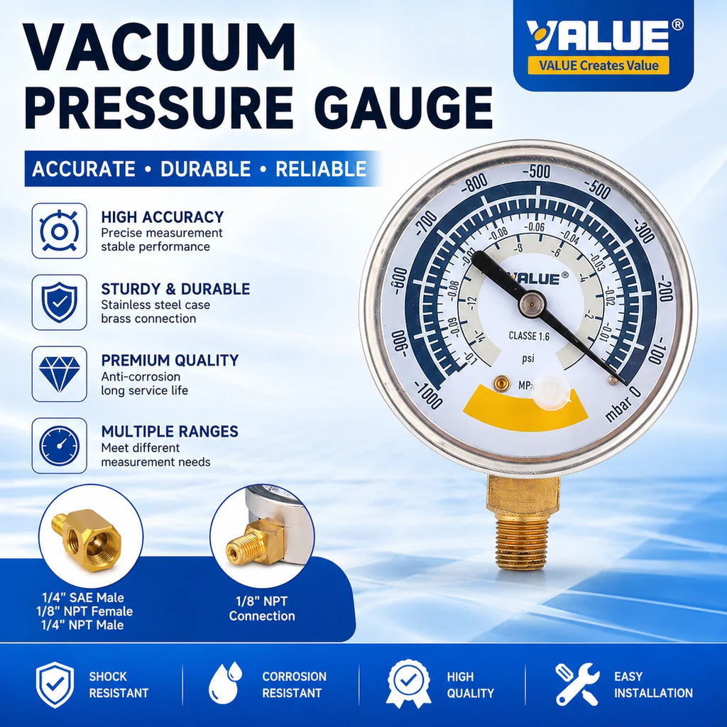 63mm Vacuum Gauge Pressure Gauge Accurate Air Gauge Instrument for Vacuum Pump 0-14psi Dial Display G1/8in Connector