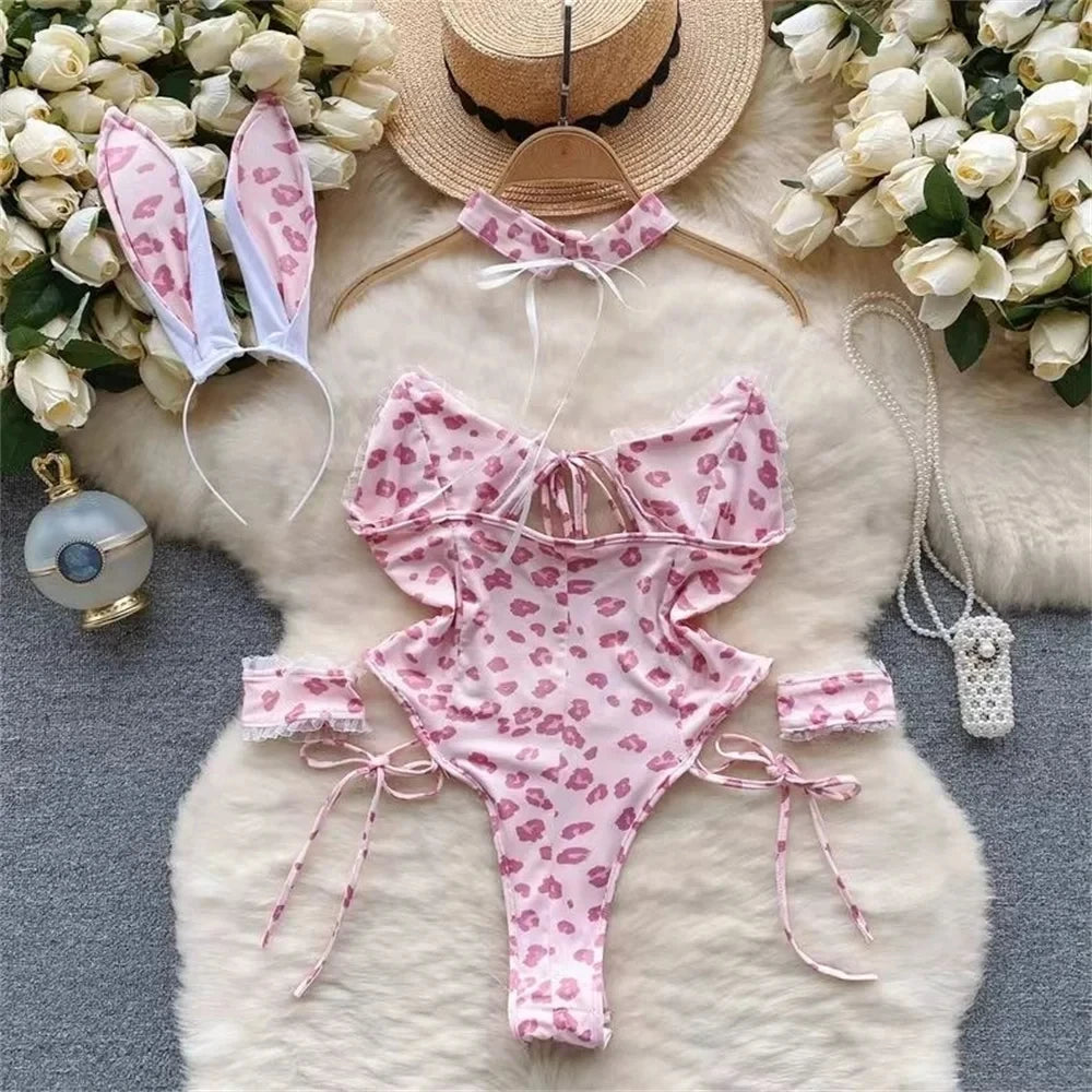 Sweet Bunny Lingerie Set Women Sexy Soft Plush Cute Bowknot Sweet Nightgowns Christmas Rabbit New