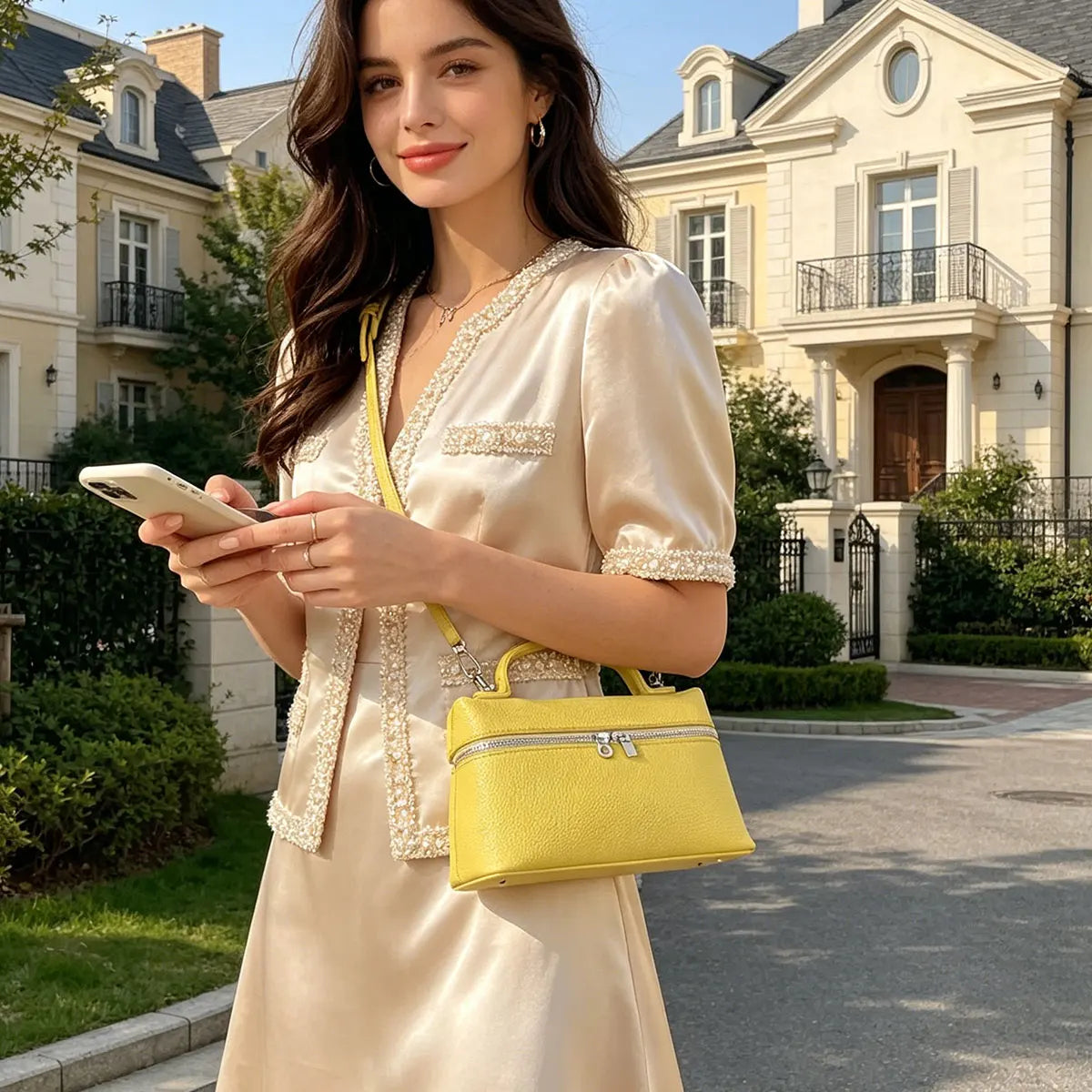 Fashionable and Sweet Dopamine Colored Diagonal Cross Bag Litchi Pattern Hand-held Box Bag Daily Commuting Versatile Square Bag