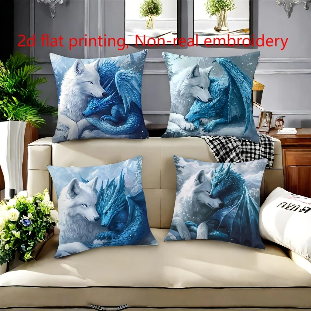 4 pillowcases featuring a design of a white wolf and a blue ice dragon. Comfortable and stylish, decorating your home sofa.