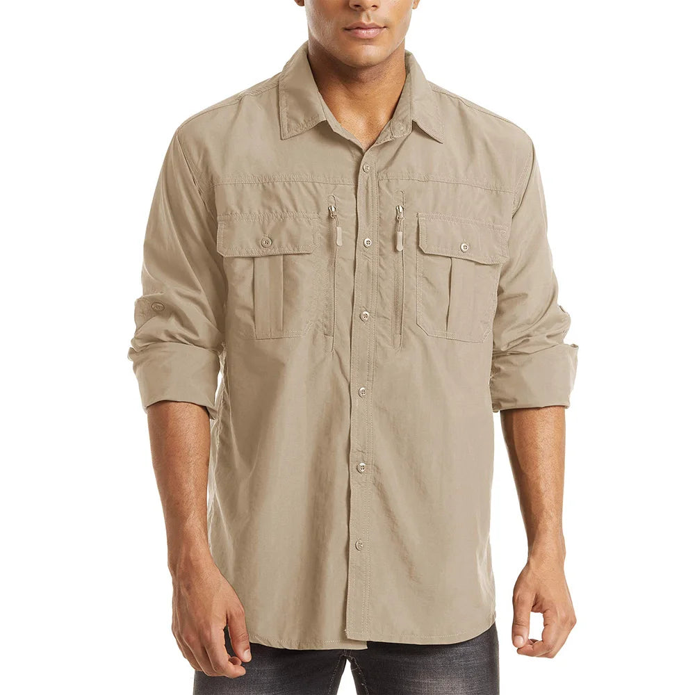 KEFITEVD Quick Dry Men's Hiking Shirts Zipper Chest Pocket Long Sleeve Cargo Shirts Lightweight Camping Trekking Fishing Shirt