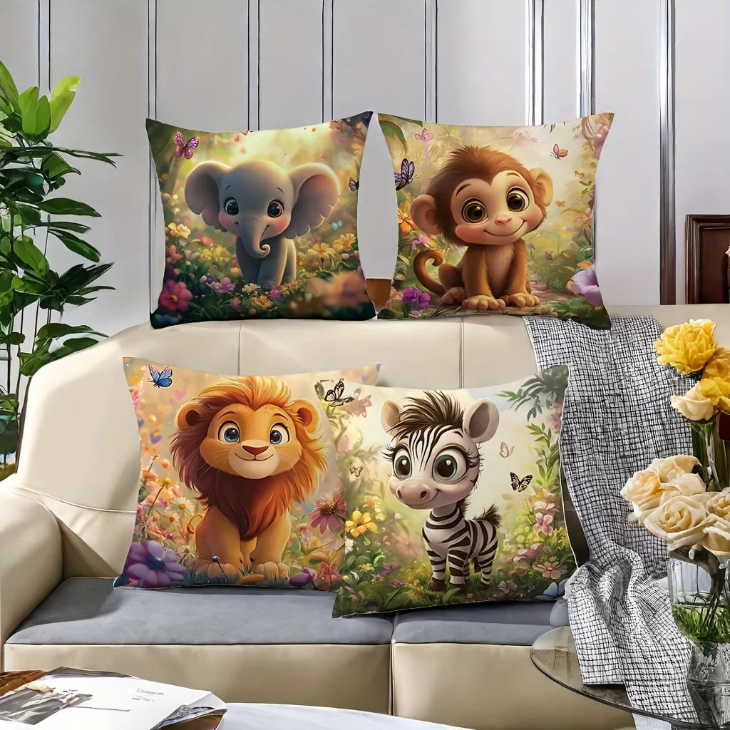 4-Piece Printed Pillowcase Set – Safari Animal Theme with Elephants, Monkeys, Lions & Zebras