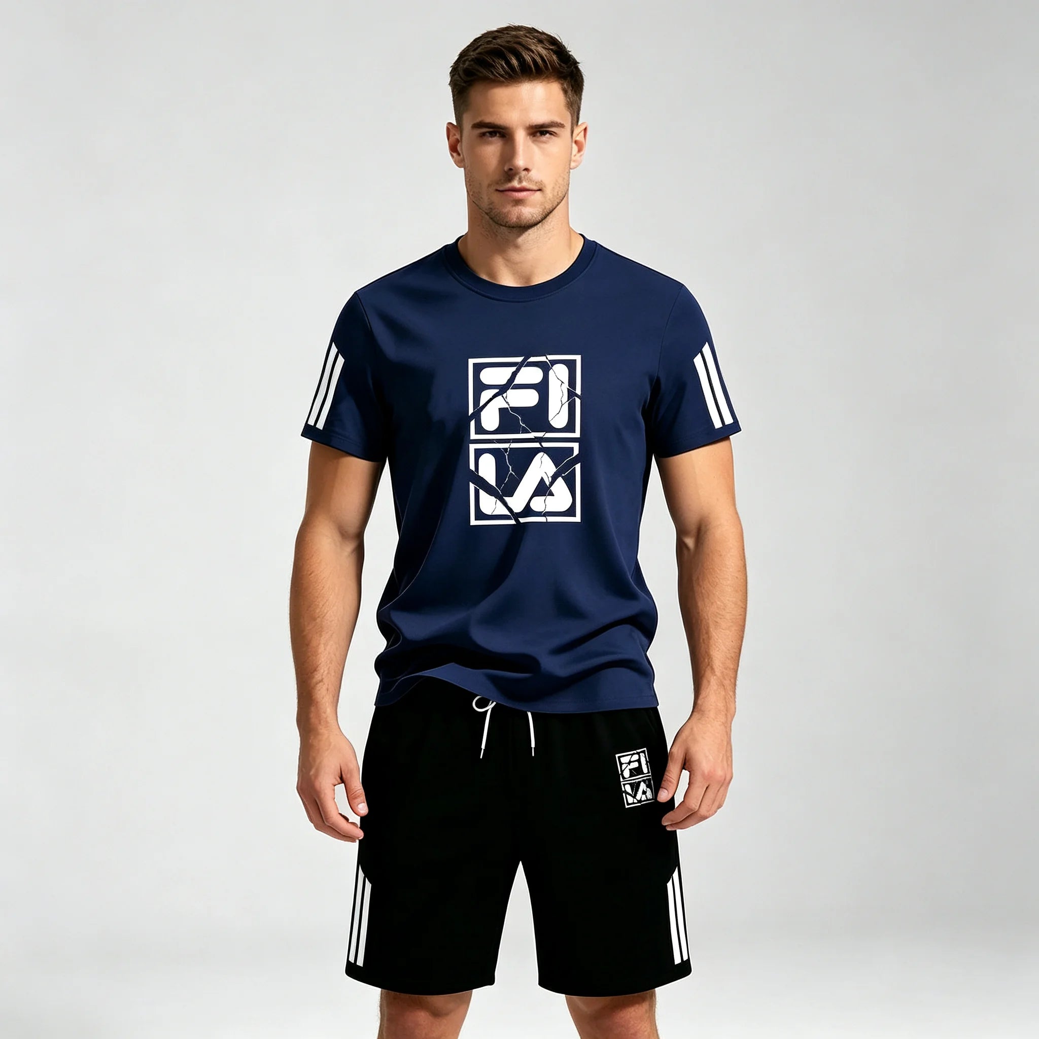 Men Crack Square Letter Print Mesh Tracksuit Thin Breathable Short Sleeve Top Shorts Set Fashion Adult Sports Outfit