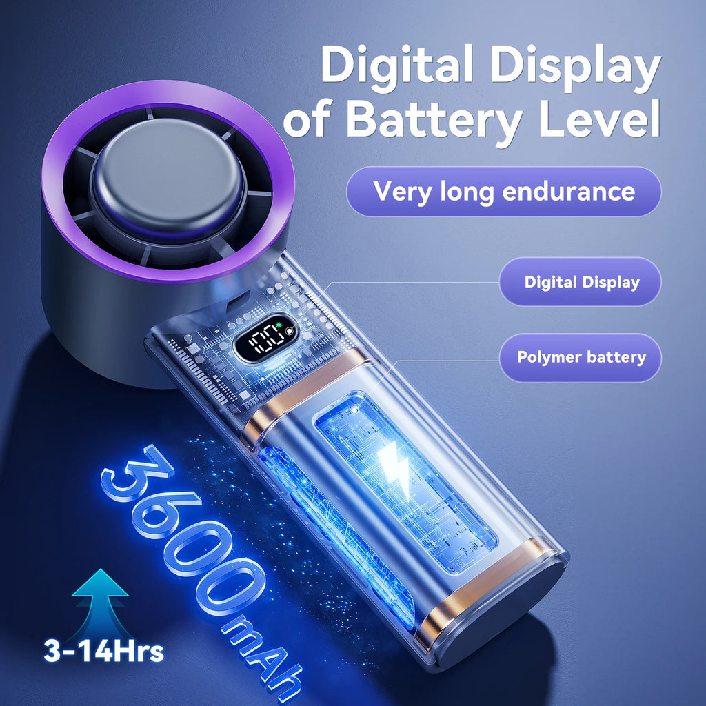 MUXNW Semiconductor Cooling Handheld Fan 13500RPM 100-Speed Digital Screen USB-C Bladeless Outdoor Fan Black