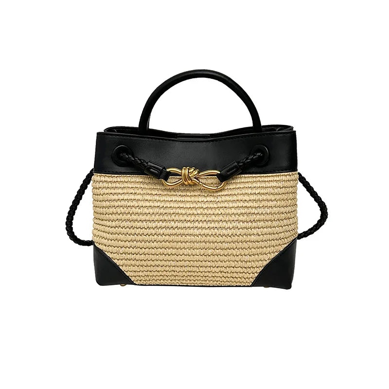 Women Contrasting Color Woven Handbag PU Splicing Gold Belt Bucket Cross body Bag French Elegant Vacation Style Travel Bags