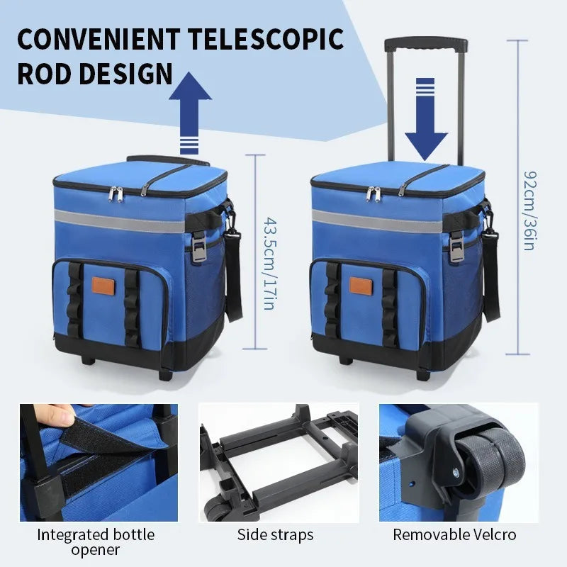 Rolling Cooler Bag with Handle Large Insulated Tote for Picnic, Camping, Car Travel Wheeled Thermal Lunch Box Portable