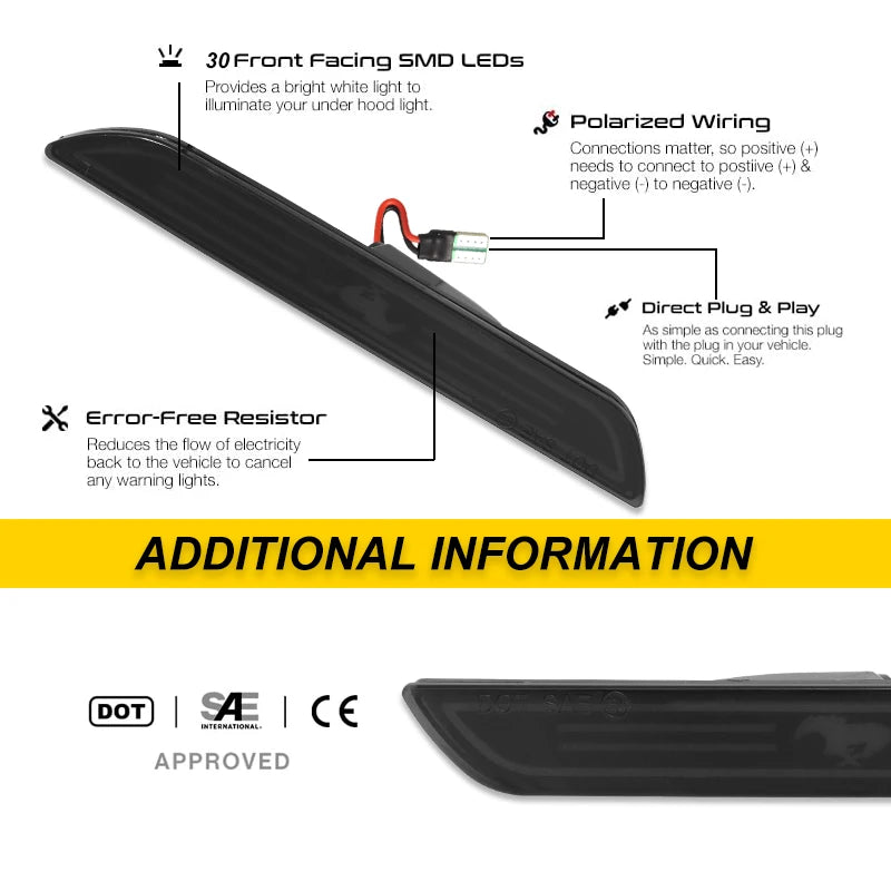 For Ford Mustang 2015-2022 Clear & Smoked Lens LED Side Marker Lamp Red Rear Side Fender Lights