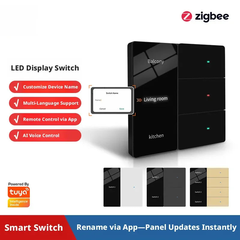 Tuya Smart Life Zigbee Smart LED Display Switch Supports Multi Language Settings APP Remote Control AI Voice Control AC100-240V