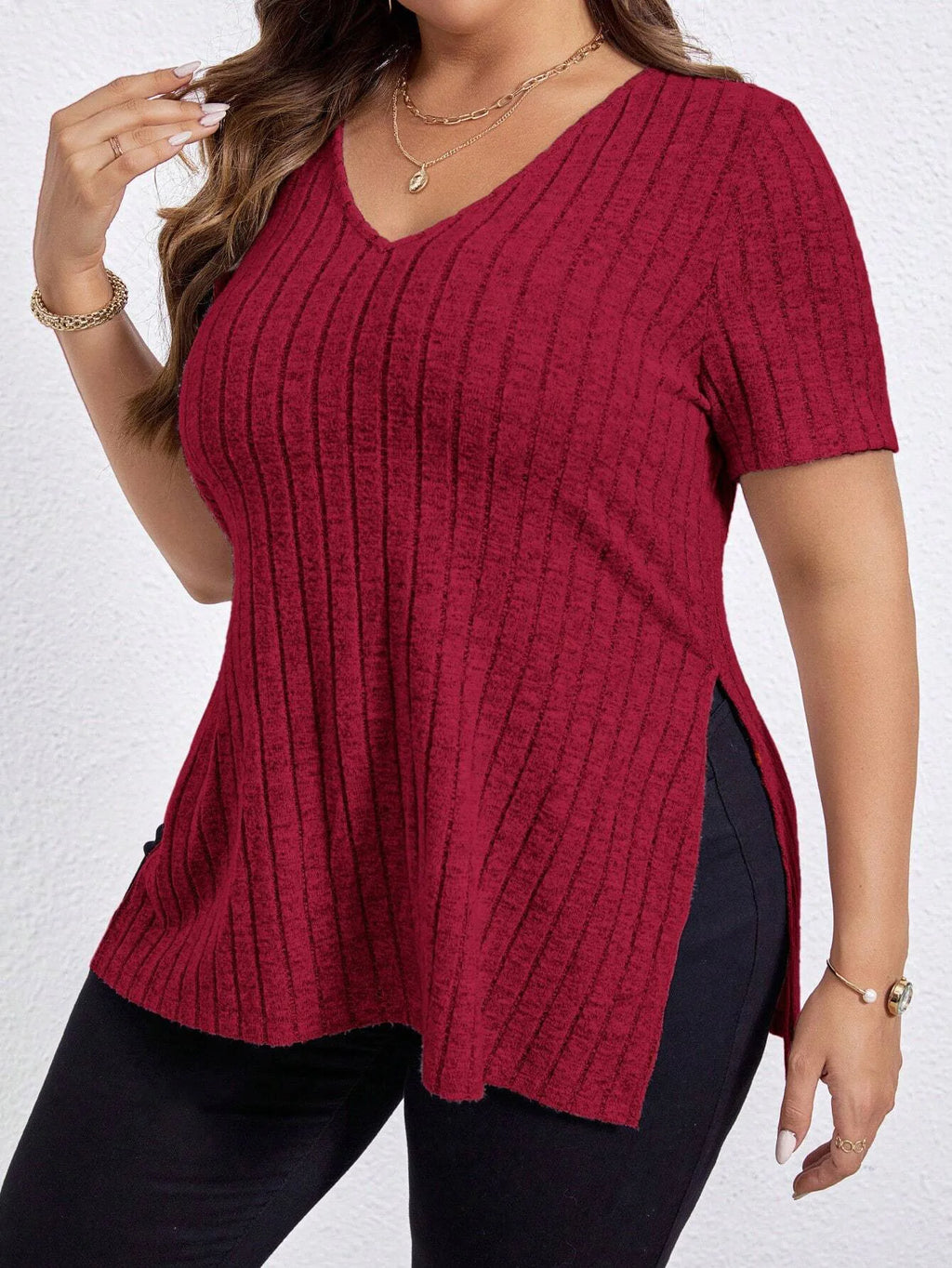 Women'S 1XL-5XL Plus Size T Shirt Summer Solid Color Large Women's Tops V-Neck Pit Striped Short Sleeve Split Loose Black Shirts