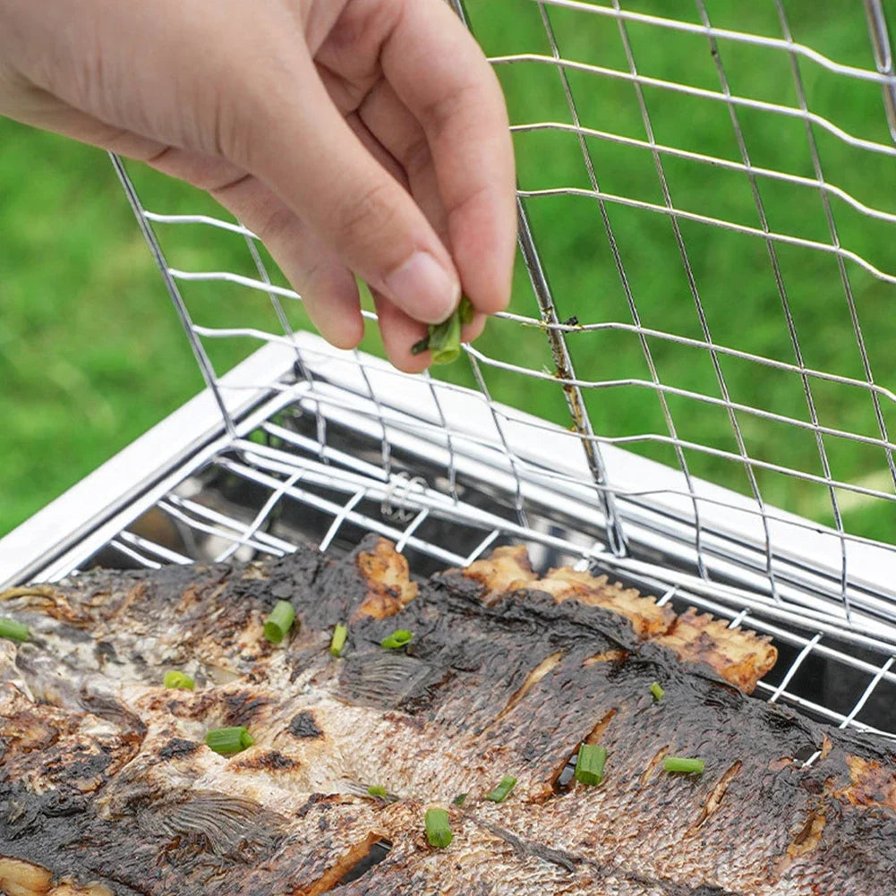 Folding Portable Outdoor Camping Stainless Steel BBQ Rack with Removable Handle Grilling Basket Barbeque Griller Cooking Tools