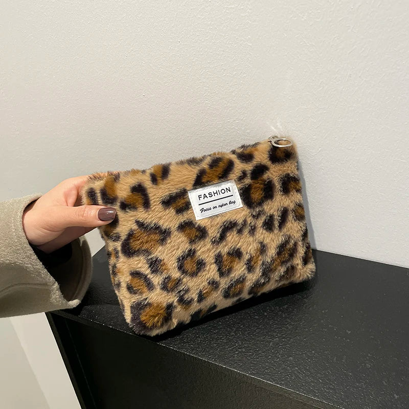 Leopard print plush Makeup Bag Large capacity portable travel toiletry bag Cosmetics Clutch Bag Premium storage bag