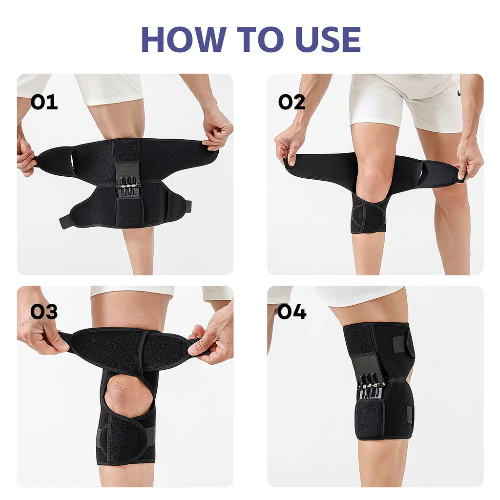 Adjustable Power Knee Support Brace with Four Fixing Straps, Spring Loaded Knee Booster for Elderly, Mountaineering, Heavy Lifti