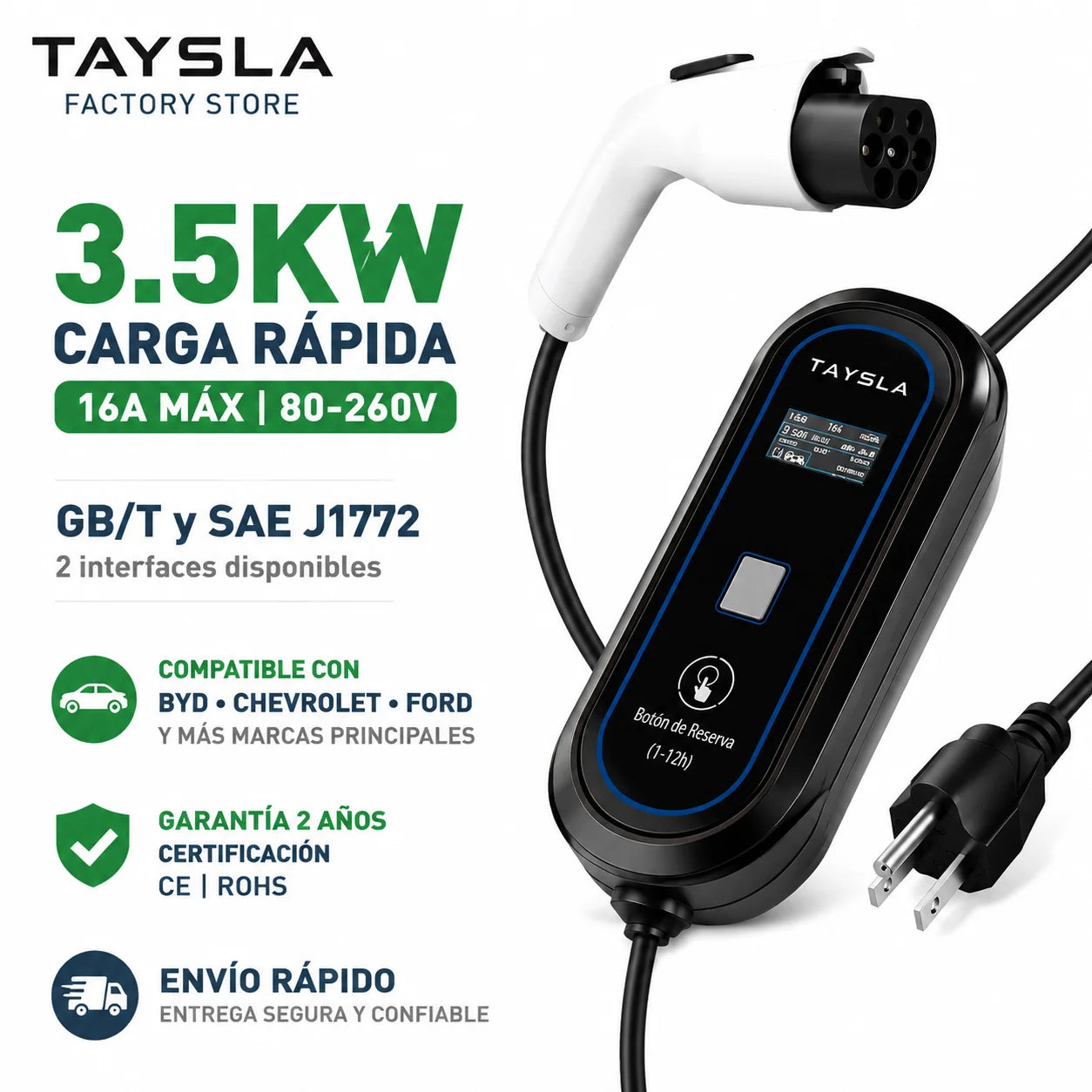 TAYSLA GBT TYPE 1 J1772 Charger 3.5KW 16A US Plug NEMA 5-15 Plugs Electric Car Charging Cable Portable EV Charger for BYD