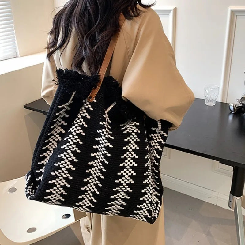 Women's 2026 New Tassel Knitted Canvas Handbag Versatile Multi in One Commuter Shoulder Bag Retro Lazy Style Casual Tote Bag