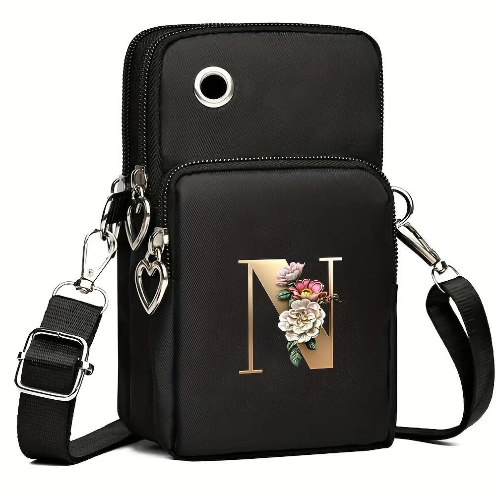 Fashion A-Z Letter Print Women's Crossbody Bag Large Capacity Three-Layer Zipper Phone Bag Daily Travel Coin Purse