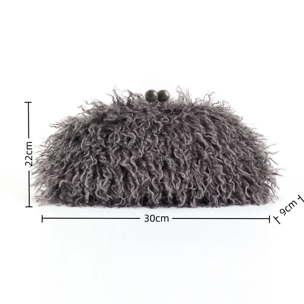 Women kisslock Faux Fur Clutch bag winter warm dark grey pouch frame clasp bag with chain crossbody