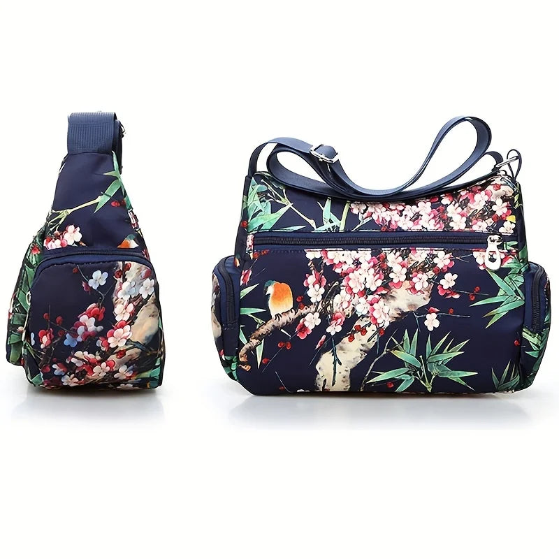 Floral Print Crossbody Bag, Trendy Nylon Shoulder Bag, Women's Multi Layer Messenger Bag For Travel