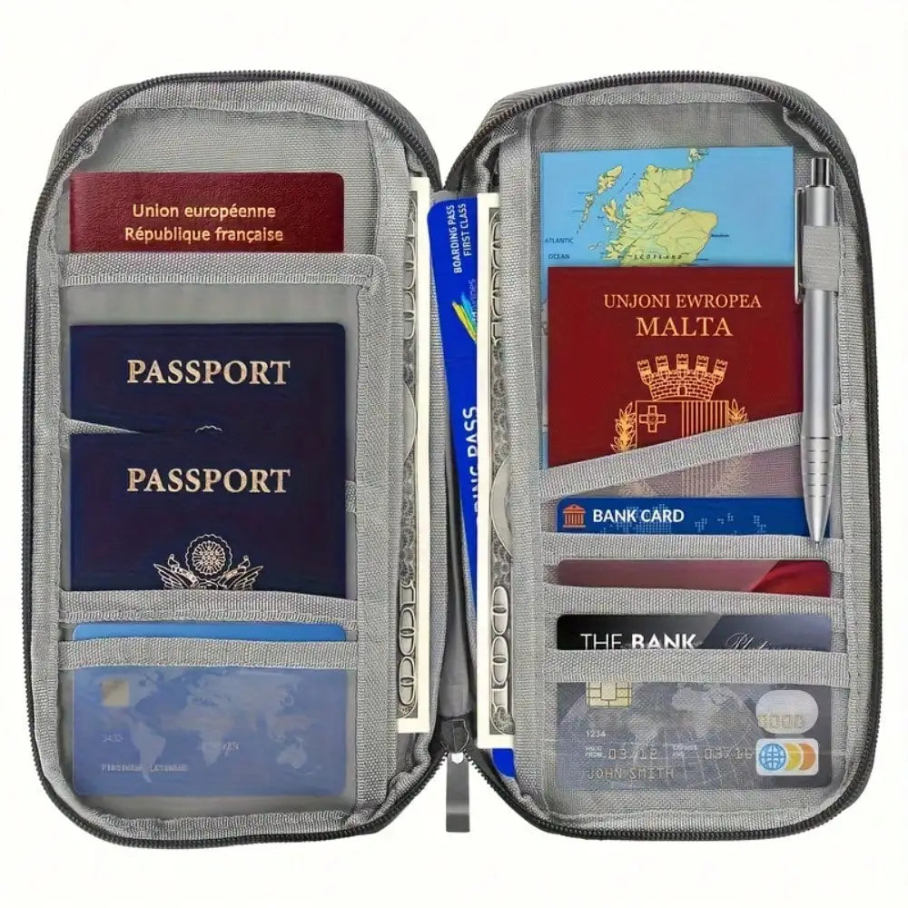 Travel Passport Holder with Zipper - with Compartments for Cash, ID Documents and Credit Cards & Phone Slot
