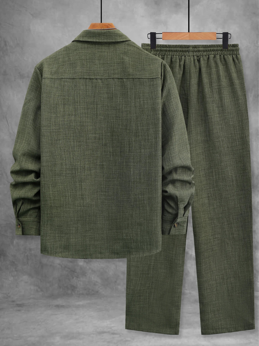 Men's Spring and Autumn Thin Cotton-Linen Two-Piece Set, Army Green Collared Long-Sleeve Shirt and Straight-Leg Pants, Vintage Wooden Button Loose Comfortable Casual Men's Outfit Set