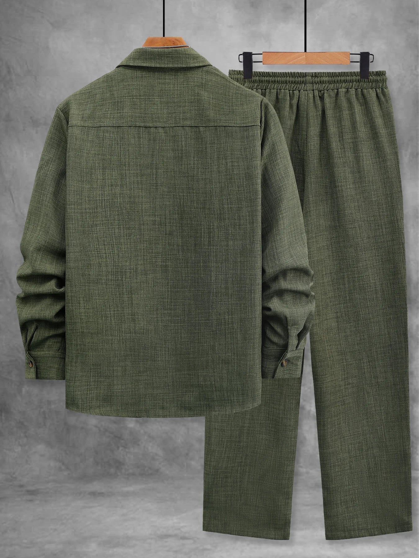 Men's Spring and Autumn Thin Cotton-Linen Two-Piece Set, Army Green Collared Long-Sleeve Shirt and Straight-Leg Pants, Vintage Wooden Button Loose Comfortable Casual Men's Outfit Set