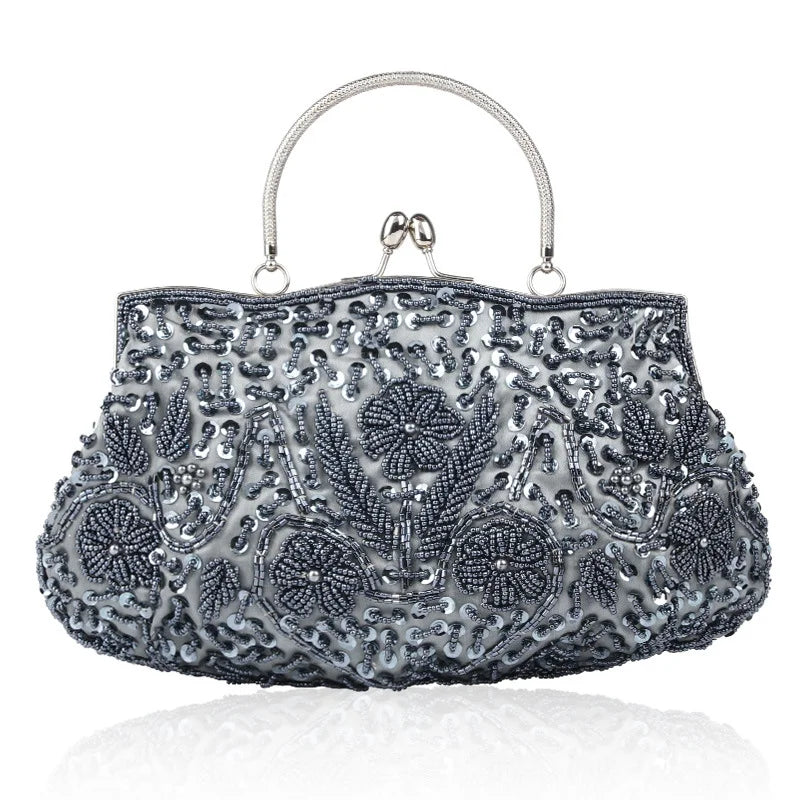 Evening Clutch Bag Handmade Beaded Floral Party Purse with Kiss Lock & Strap Glass Beads Polyester Blue Purple Grey