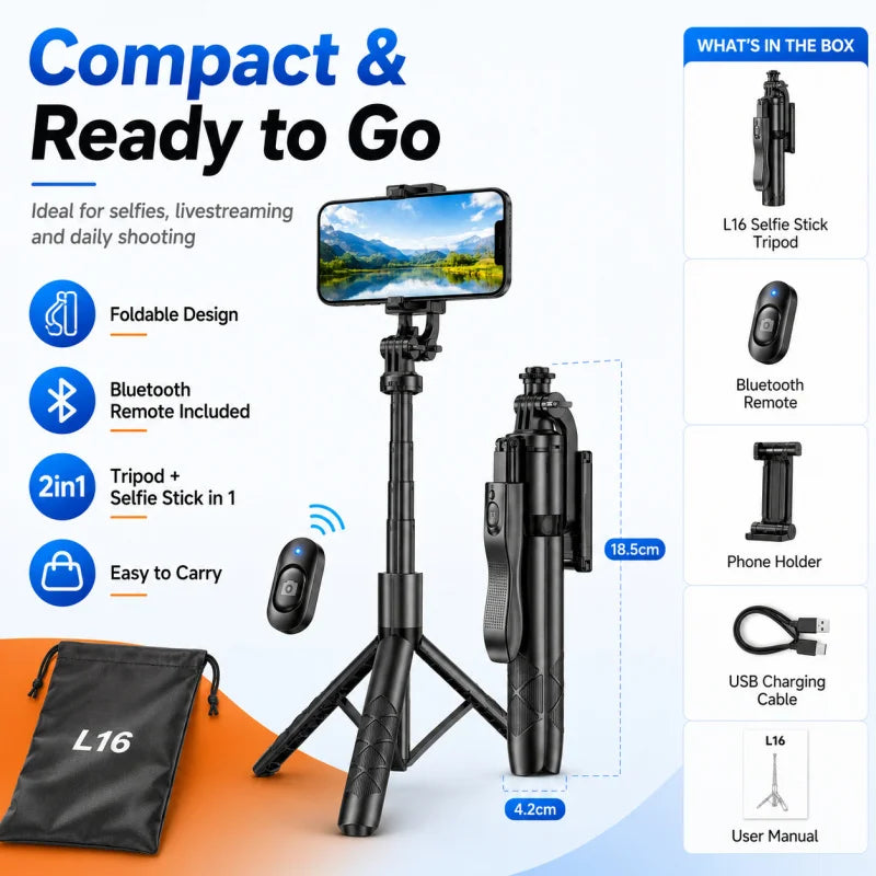 L16 Bluetooth Selfie Stick Tripod with Dual Fill Light, Extendable Phone Stand Handheld Stabilizer for Live Streaming Vlog Selfi